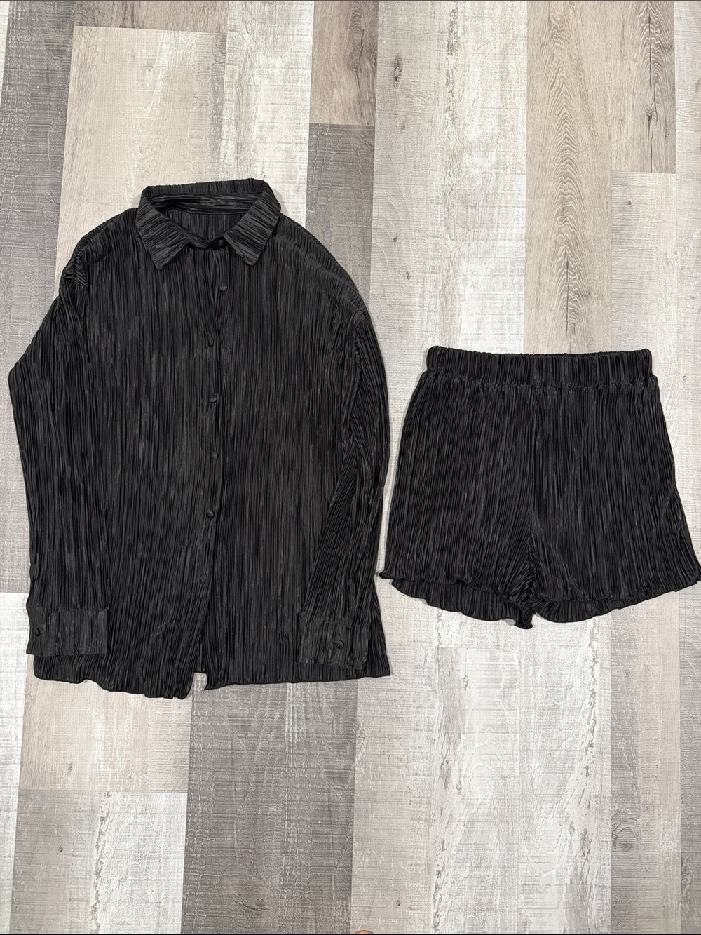 Black Pleated Button-Down Shirt & Elastic Waist Shorts Pajama Set